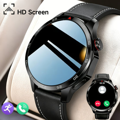 Ronde smartwatch zwarte kast met zwarte leren band