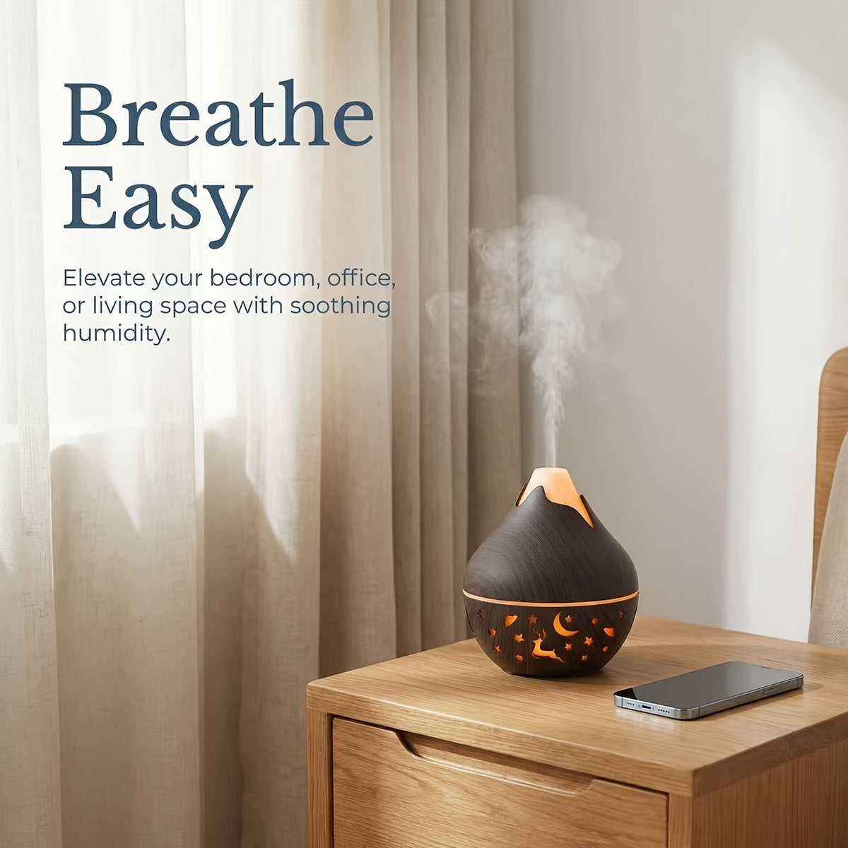 Aroma diffuser met warm licht op een nachtkastje in de slaapkamer