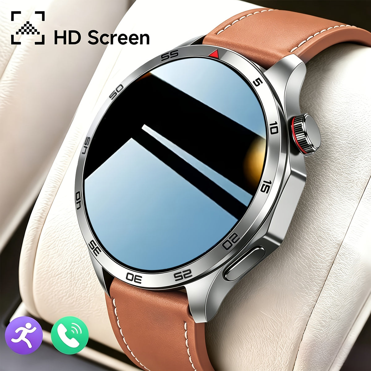 Ronde smartwatch met zilveren bezel en bruine leren band