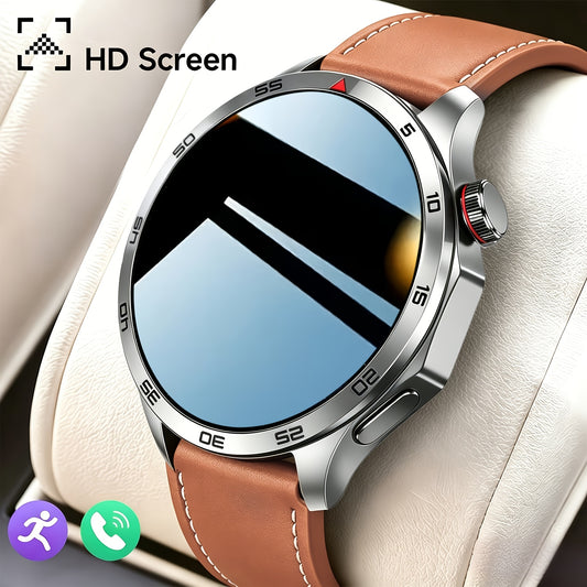 Ronde smartwatch met zilveren bezel en bruine leren band