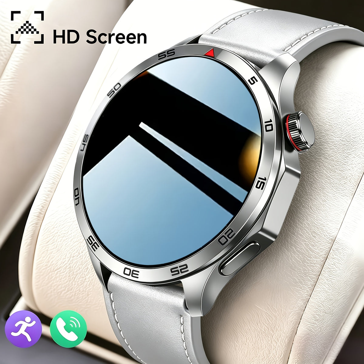 Ronde smartwatch zilveren kast met lichte leren band