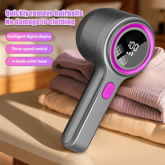 Oplaadbare ontpluizer grijs met magenta ring, digitaal display en 6-mes kop