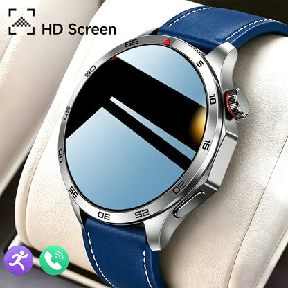 Ronde smartwatch zilveren kast met blauwe leren band