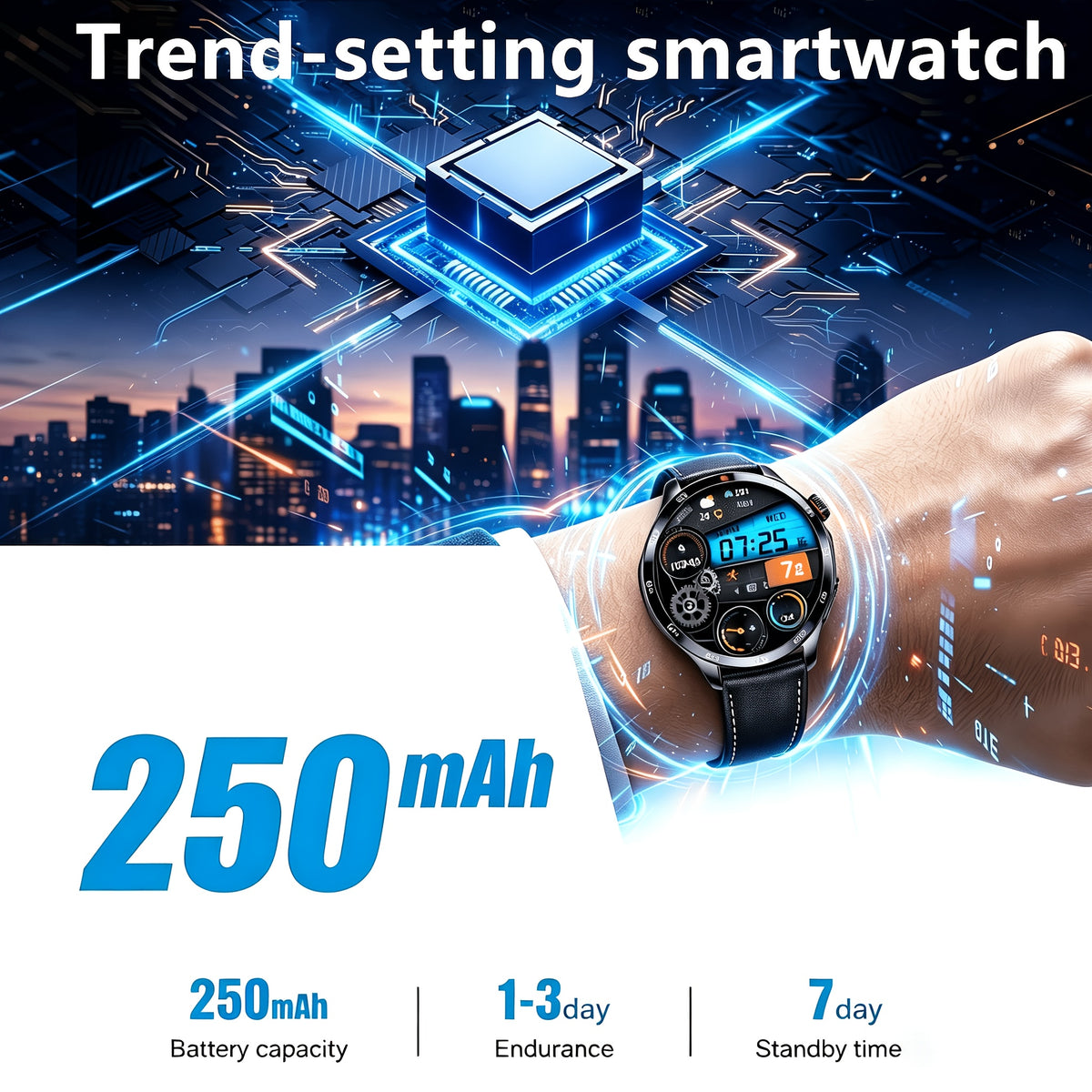 Ronde smartwatch met sterrenwijzerplaat op een rots bij zee