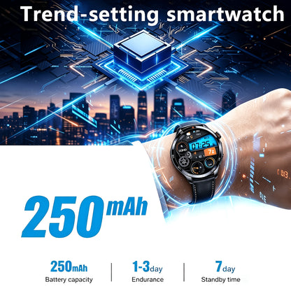 Ronde smartwatch met sterrenwijzerplaat op een rots bij zee