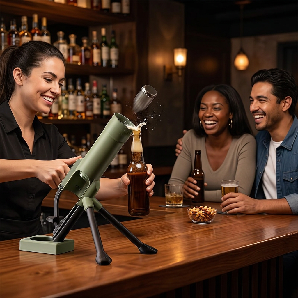 Cap Launcher bieropener in een bar met vrouwelijke bartender en gasten