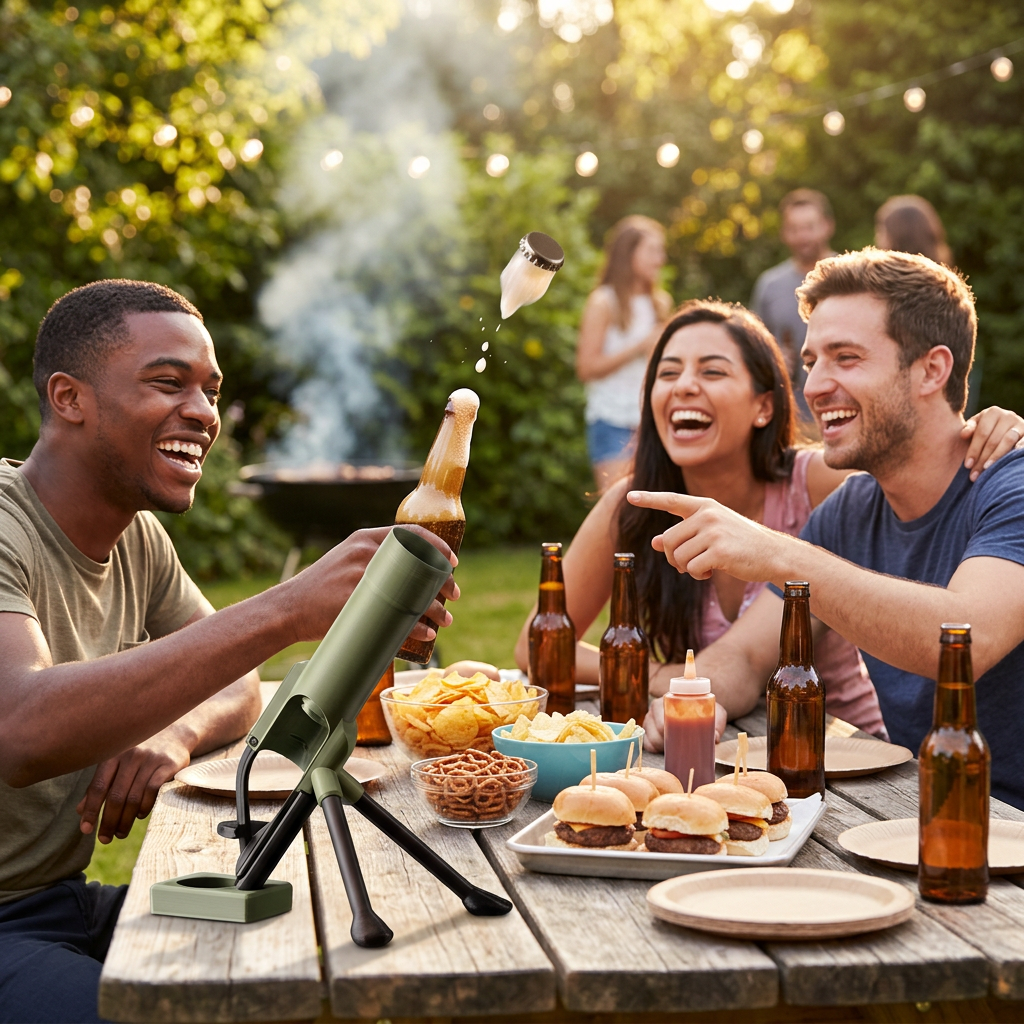 Cap Launcher bieropener op een BBQ-feestje in de tuin met vrienden