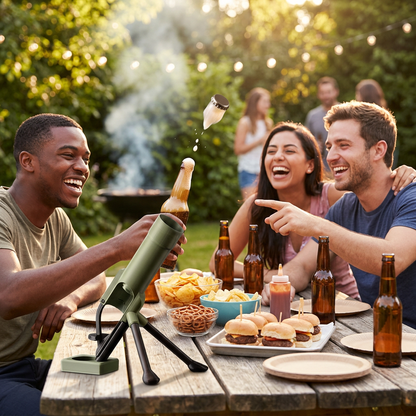 Cap Launcher bieropener op een BBQ-feestje in de tuin met vrienden