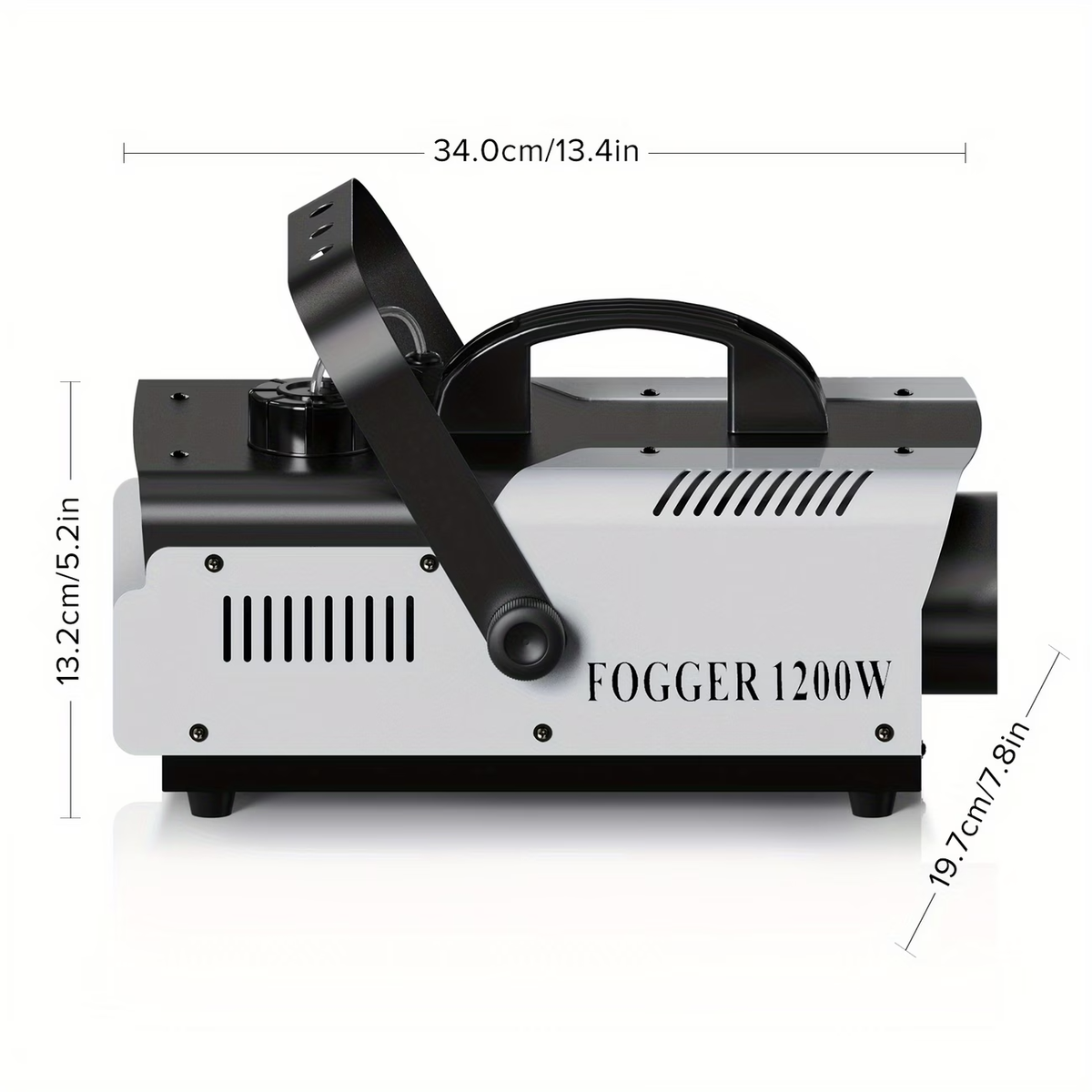 Afmetingen rookmachine 34 bij 19,7 bij 13,2 cm